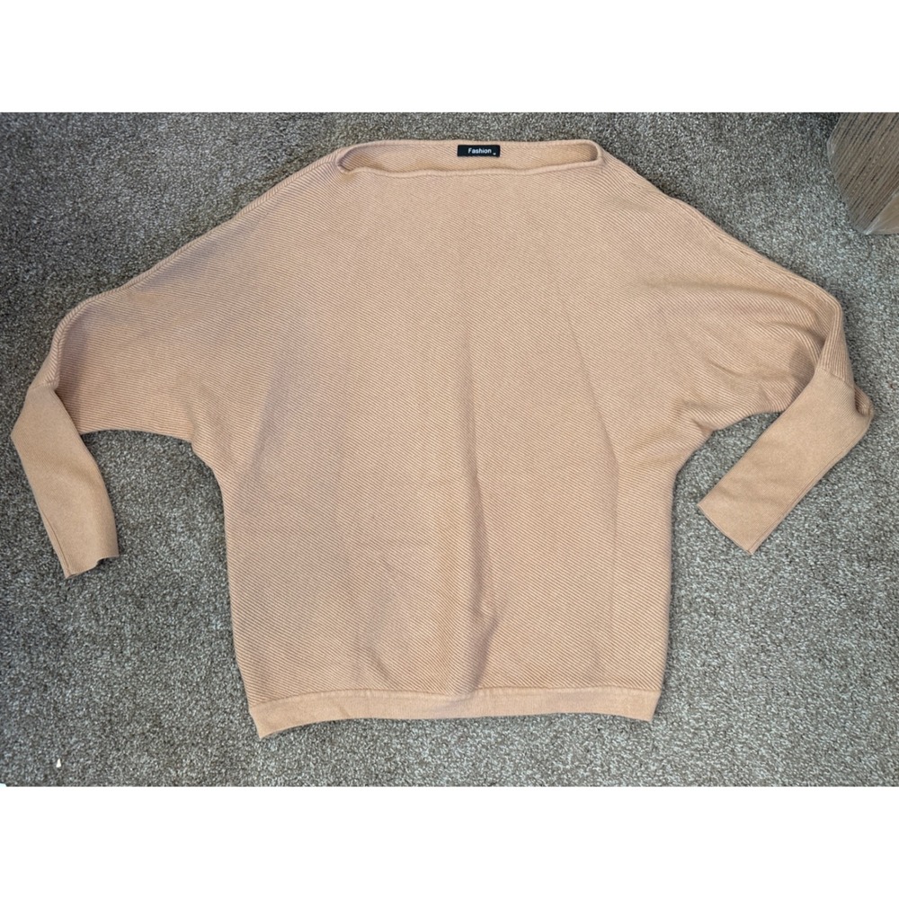 Fashion Batwing Ribbed Sweater Womens Medium Tan Excellent Boat Neck Knit Top